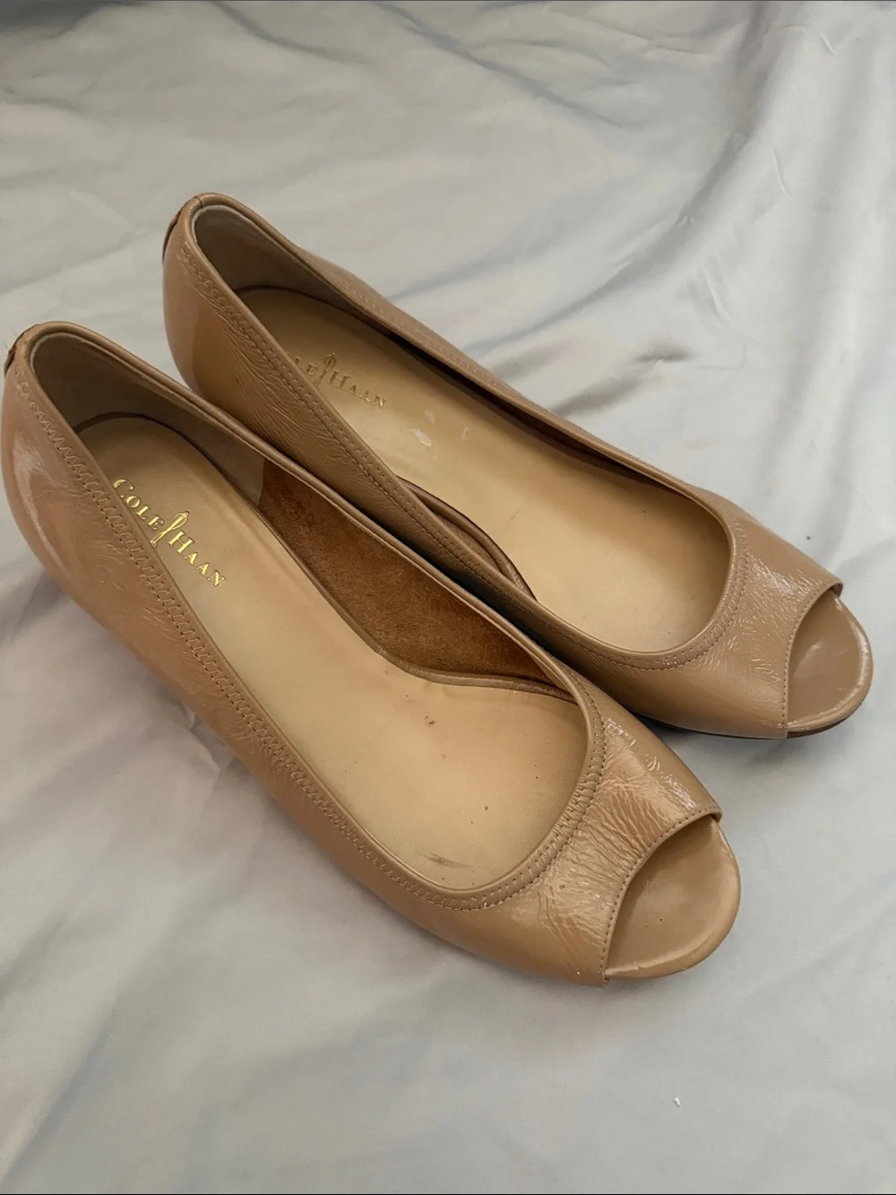 Cole Haan Beige Peep-Toe Leather Flats
